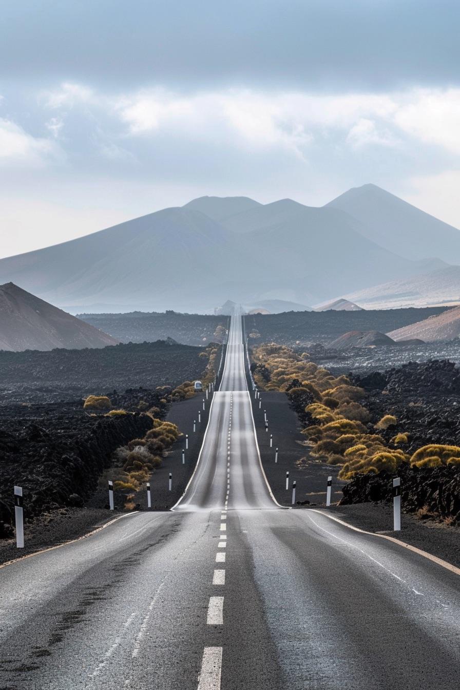 Straight road through volcanic landscape towards mountains in Canary Islands