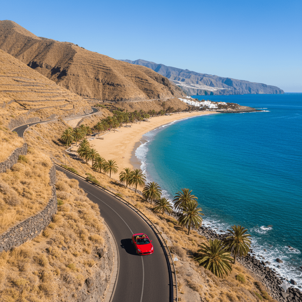 Aerial view of car on coastal road with palm trees in Gran Canaria