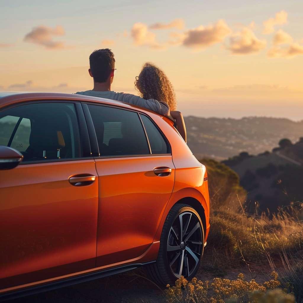 Couple enjoying sunset view next to orange car on hilltop